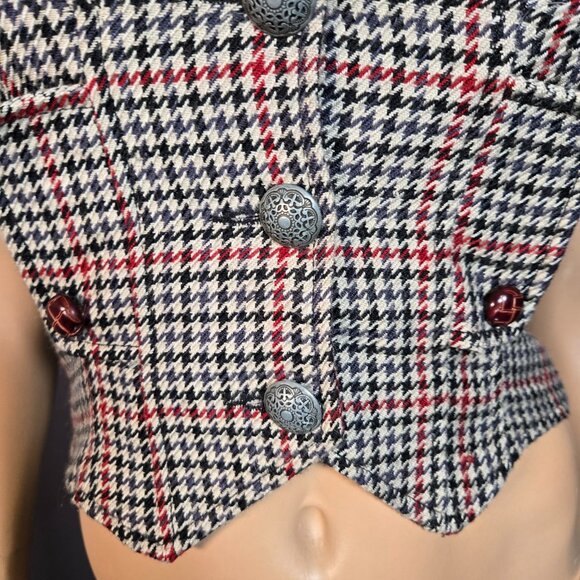 Y2K Vest Waistcoat Fitted Houndstooth Size XS Academia Office Siren Beige Black - Picture 6 of 12